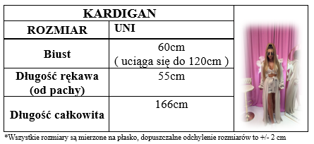 Tabela rozmiarów – kardigan, wymiary w centymetrach