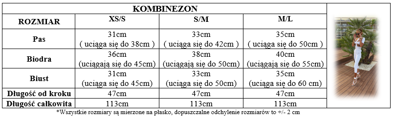 Tabela rozmiarów – kombinezon, wymiary w centymetrach