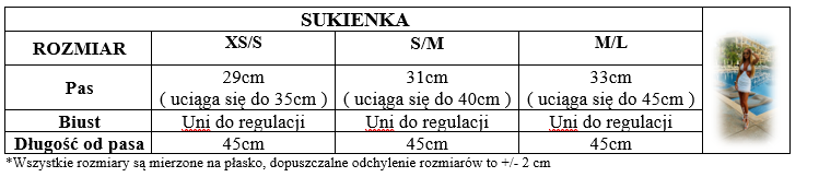Tabela rozmiarów – sukienka, wymiary w centymetrach