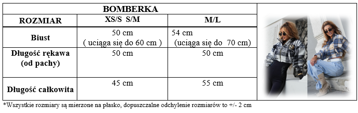 Tabela rozmiarów – bomberka, wymiary w centymetrach