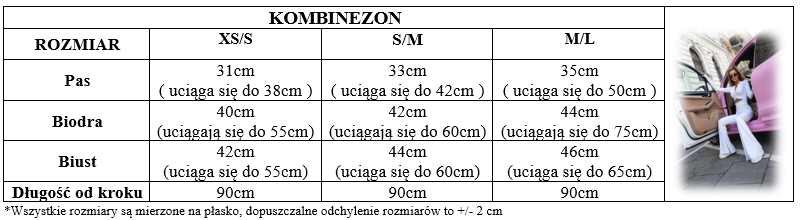 Tabela rozmiarów – kombinezon, wymiary w centymetrach