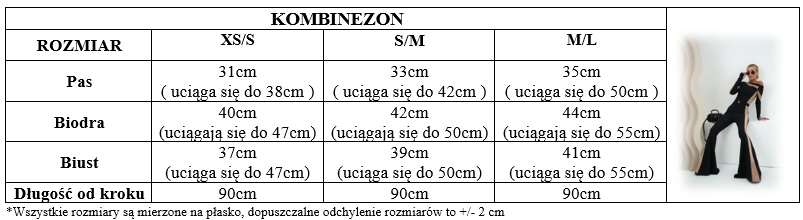 Tabela rozmiarów – kombinezon, wymiary w centymetrach