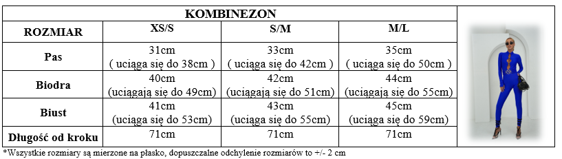 Tabela rozmiarów – kombinezon, wymiary w centymetrach