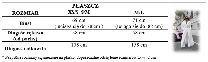 Tabela rozmiarów – płaszcz, wymiary w centymetrach