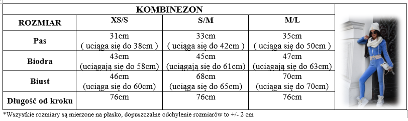 Tabela rozmiarów – kombinezon, wymiary w centymetrach