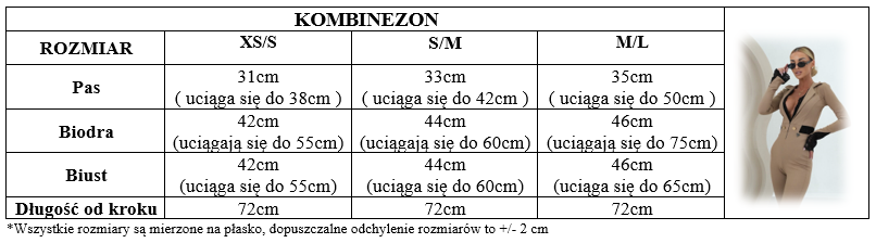 Tabela rozmiarów – kombinezon, wymiary w centymetrach