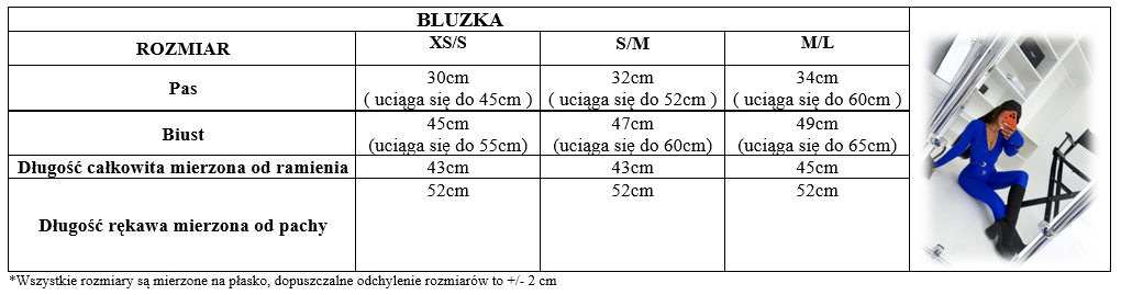 Tabela rozmiarów – bluzka, wymiary w centymetrach