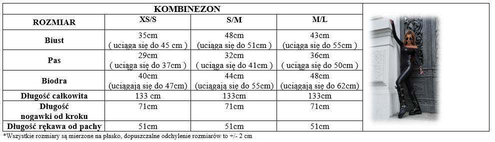 Tabela rozmiarów – kombinezon, wymiary w centymetrach