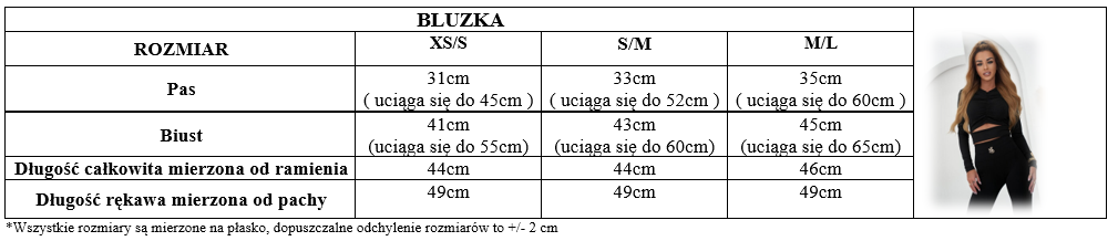 Tabela rozmiarów – bluzka, wymiary w centymetrach
