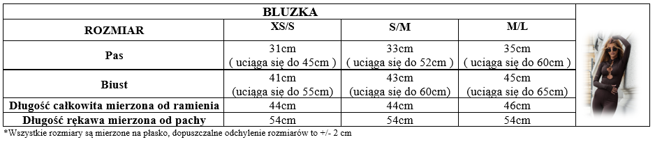 Tabela rozmiarów – bluzka, wymiary w centymetrach